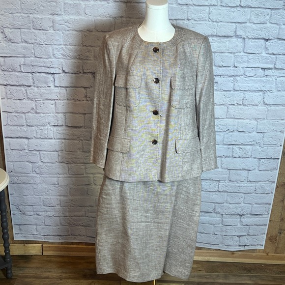 Kasper 2-Piece Tan Linen Skirt Suit Luxury Set Blazer & Skirt Women's 16 - Picture 1 of 13